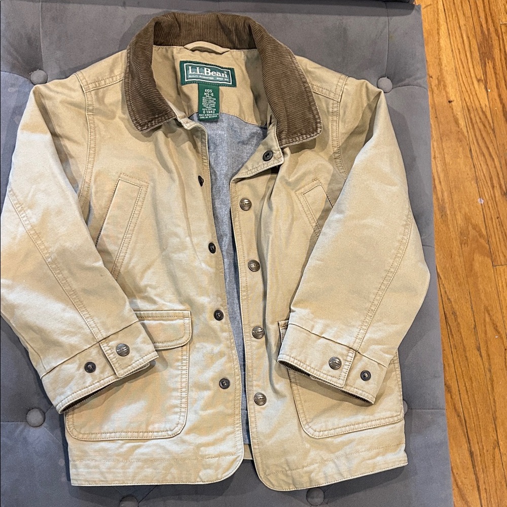 L.L. Bean Kids Beige Jacket with Dark Brown Collar worn 2x